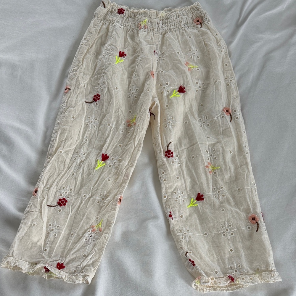 Zara Cream Eyelet Pull On Pants Red & Neon Floral Embroidery 5-6 Years Girls